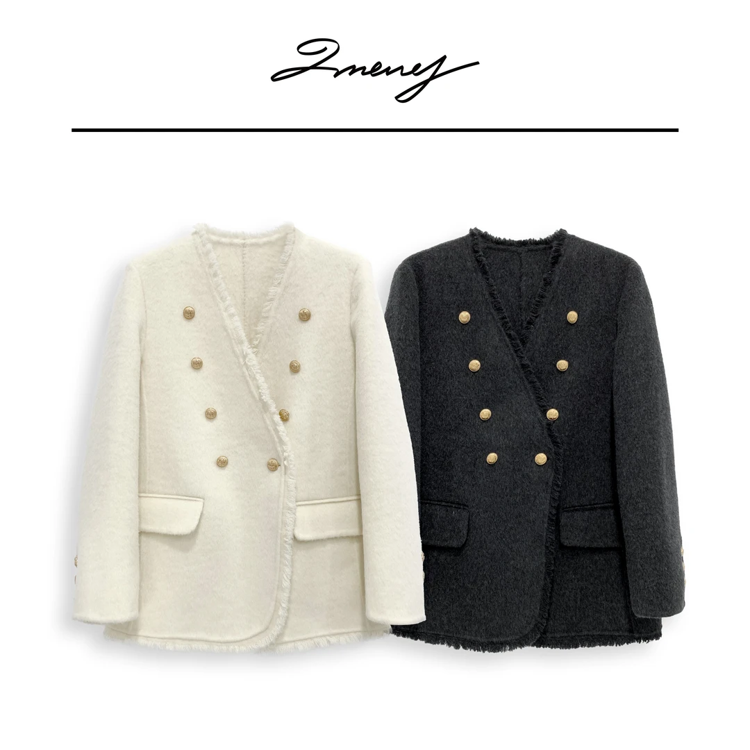 LMENY【清】曼德琳~V领流苏边双排扣天丝绵羊毛中长款双面呢24DW001