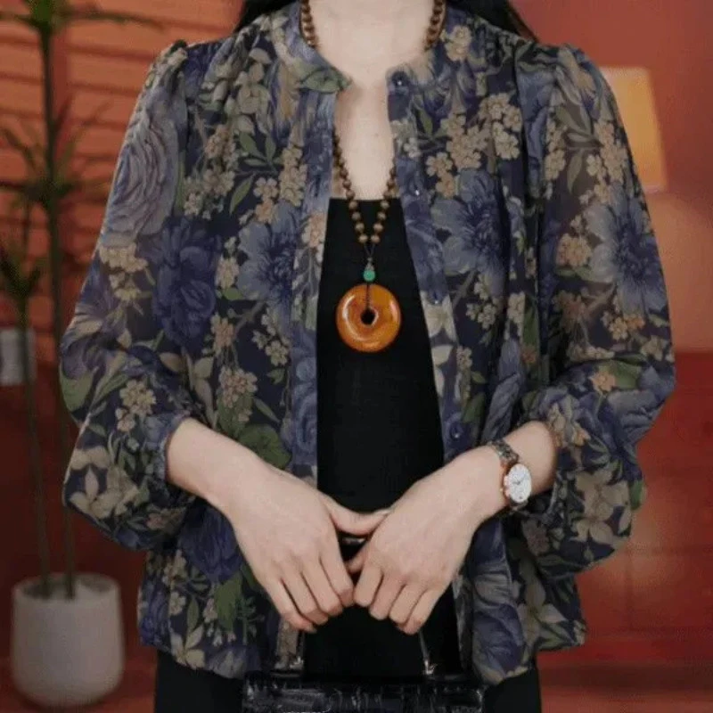 洋气碎花衬衫女春夏轻薄款开衫七分袖外套时尚气质优雅休闲上衣女