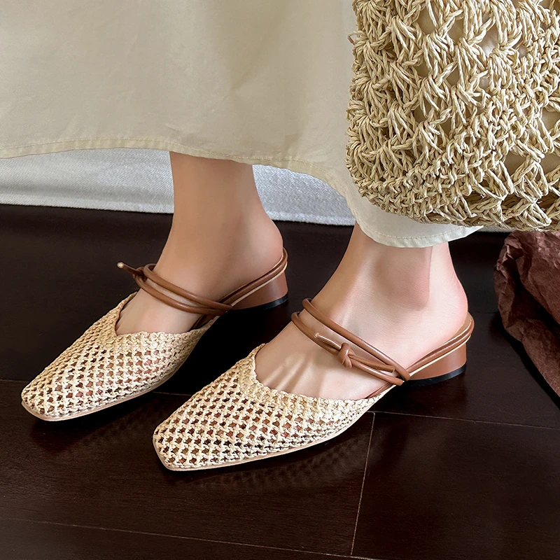 包头凉鞋女夏新款时尚低跟外穿百搭凉拖两穿真皮编制网纱复古拖鞋