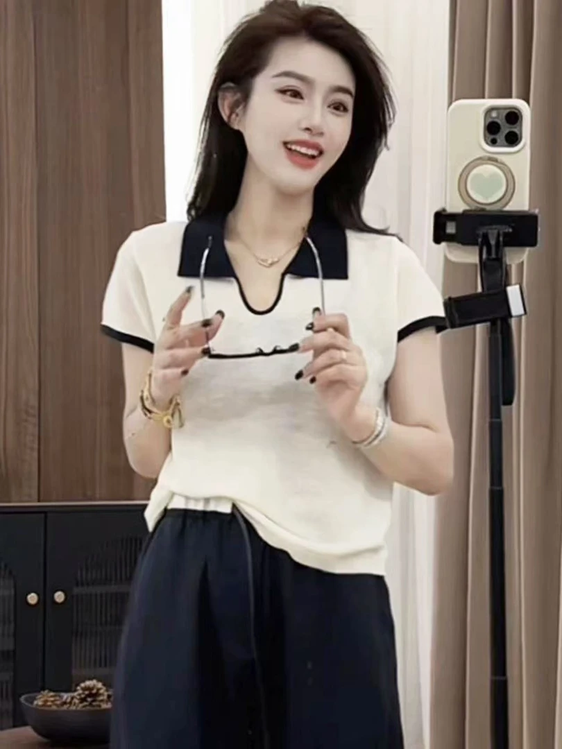 格调美美薄款针织衫针织短袖设计感撞色Polo领T恤