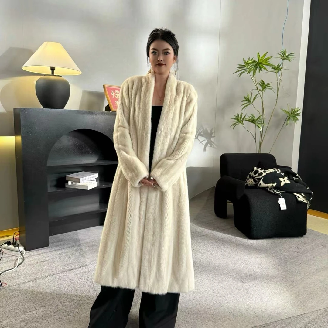 机开全抽刀工艺款水貂貂皮大衣长款v领休闲时尚皮草外套女