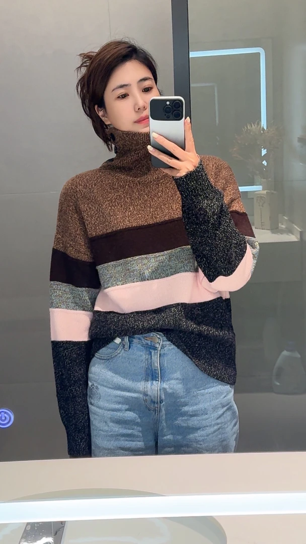 彩色加厚秋季新款圆领条纹拼色慵懒风简约百搭长袖针织衫毛衣7178