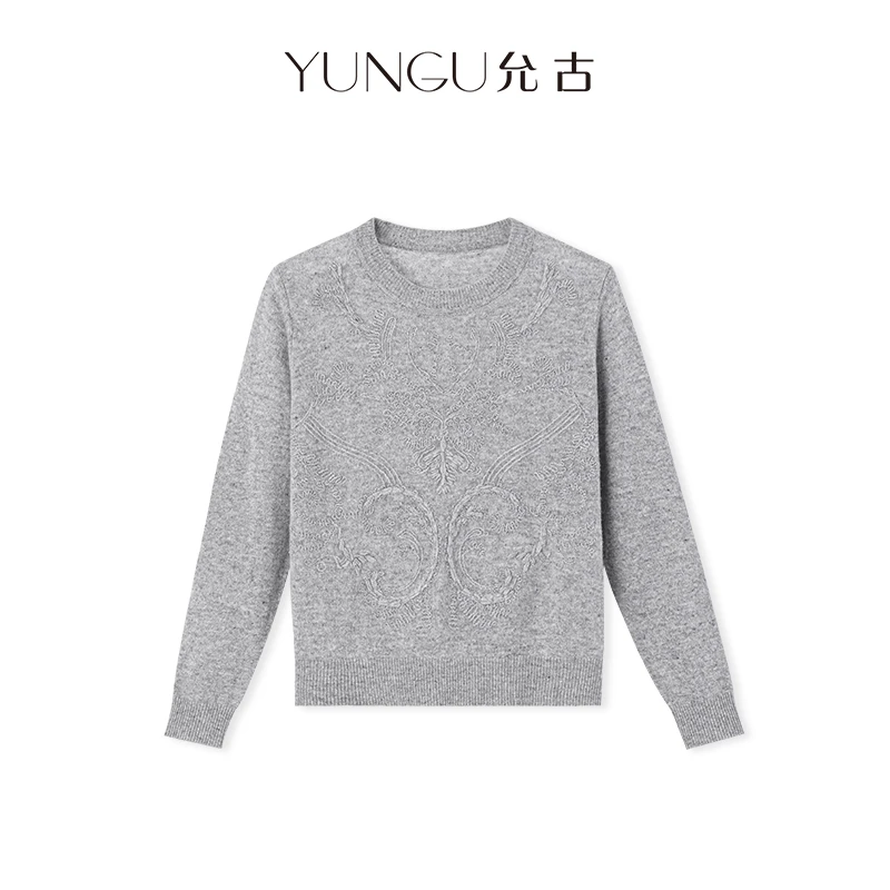 YUNGU允古 法式秋季提花设计感软糯绵羊毛针织衫2025新款别致上衣