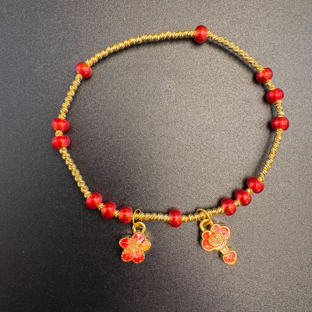 足金999 珐琅彩红花如意闪光珠手串