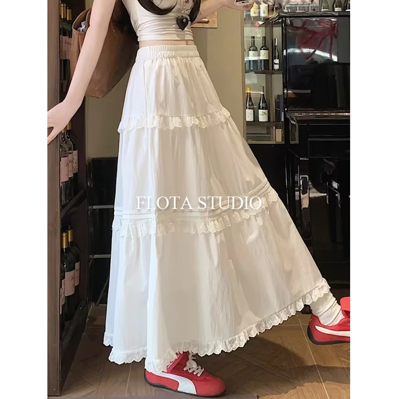 【flota】白月光小清新百搭半身长裙木耳蕾丝拼接度假风松紧腰0089