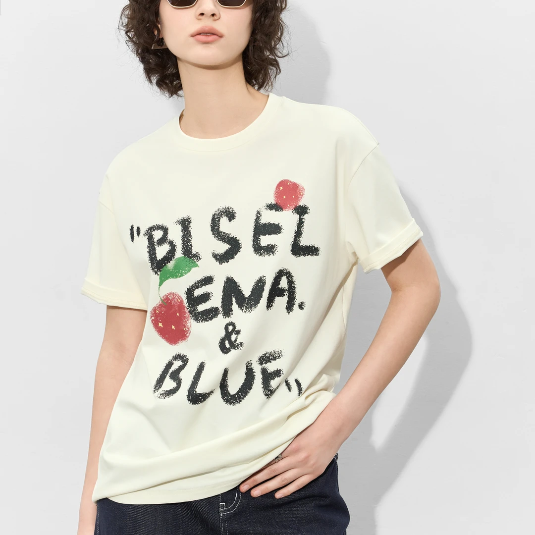 贝茜妮法式休闲白色字母印花圆领t恤女新款宽松短袖