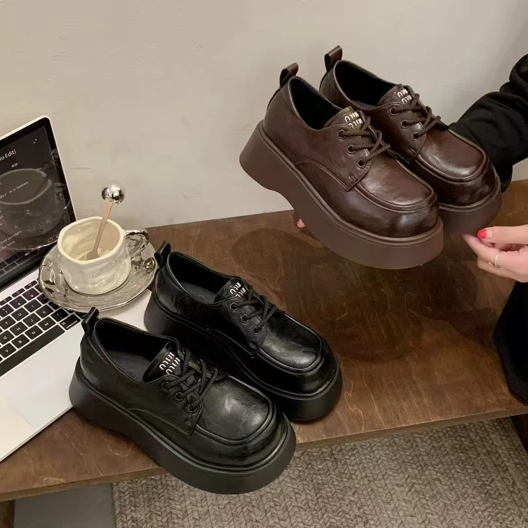 6660-6-Y2025新款春季复古松糕通勤单鞋厚底乐福鞋