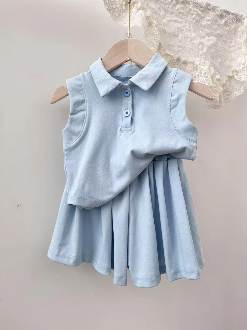 宝宝韩版polo领学院风套装夏季女孩背心上衣百褶裙运动女童套装