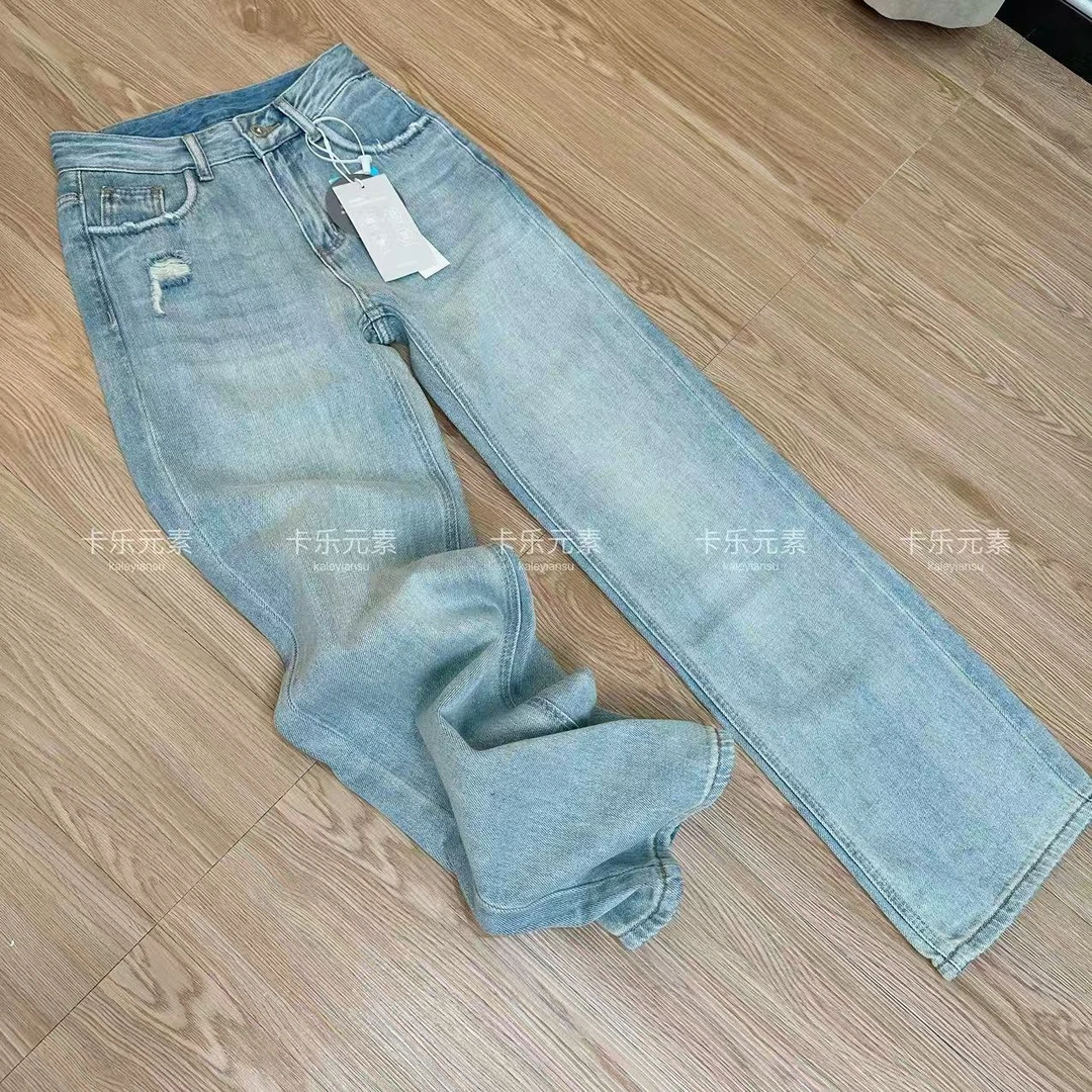 KALEELEMENT/卡乐元素2025年春新款磨破高腰无弹窄版直筒牛仔裤女