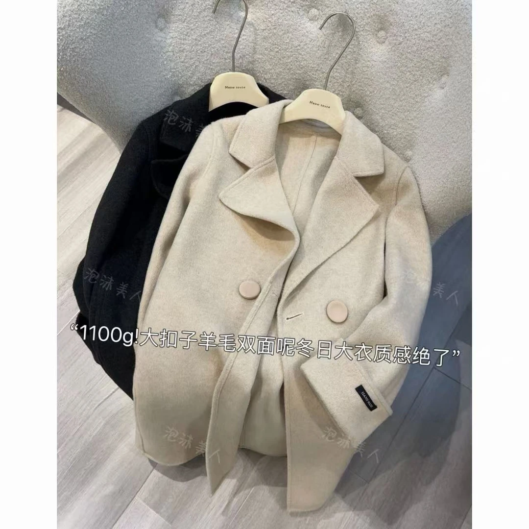羊毛双面呢大衣」中长款加厚冬季宽松通勤时尚保暖毛呢外套（86-88