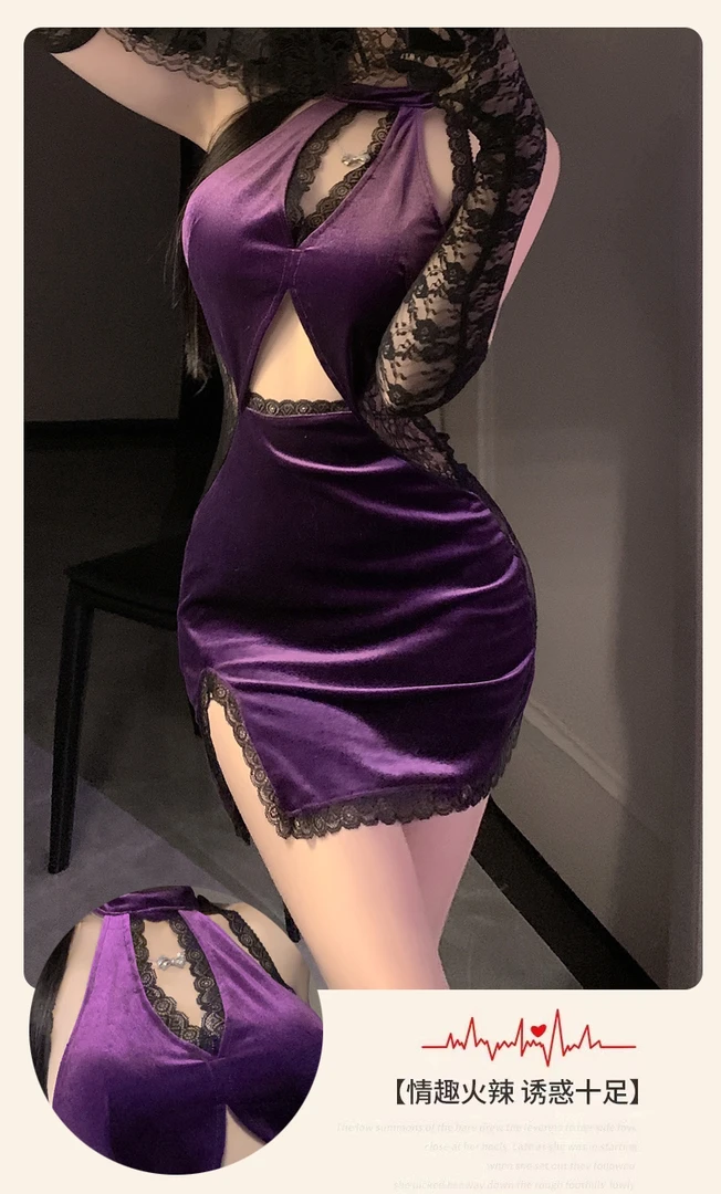 曼欲新款情趣内衣气质新中式丝绒高开叉包臀裙设计感收腰显瘦