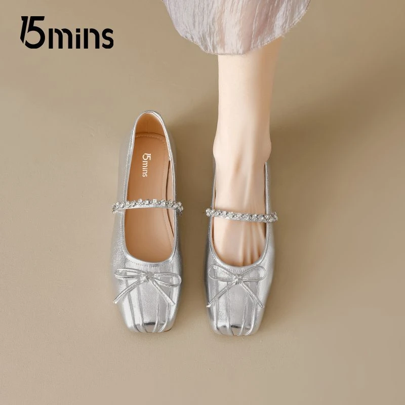 15MINS银色玛丽珍鞋女2025新款平底春夏季皮鞋法式浅口芭蕾单鞋