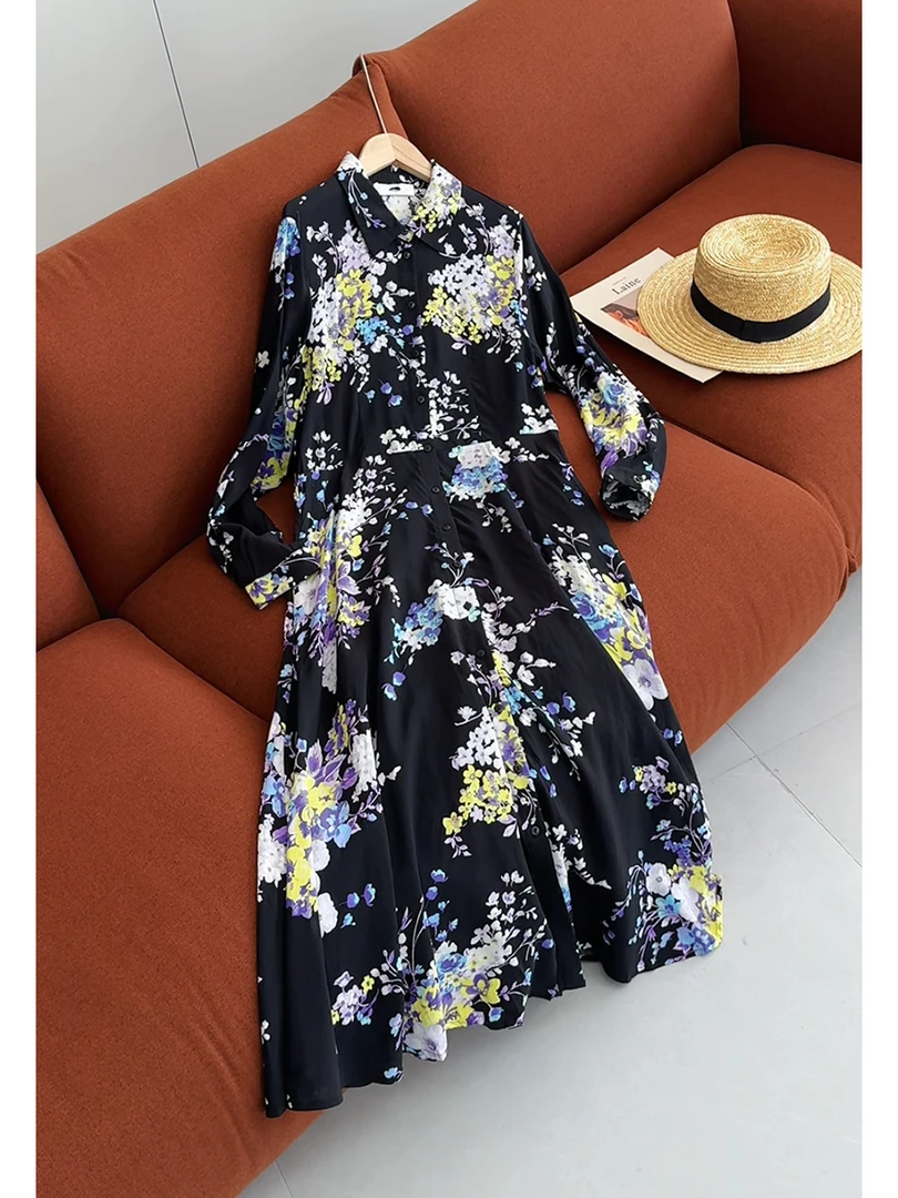 新款气质显瘦遮肉高连衣裙复古碎花翻领单排扣收腰轻熟风长裙