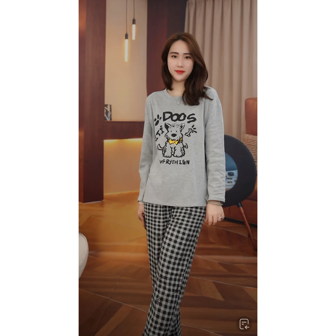 睡衣女秋冬新款爆款纯棉长袖长裤外穿家居服套装（格子西高地长袖）