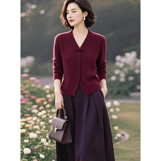 2025秋穿搭一整套新中式国风设计感红色V领上衣半身裙两件套装