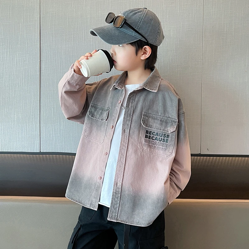 男童外套春秋洋气青少年2025中大童韩版长袖衬衫领儿童渐变色帅气