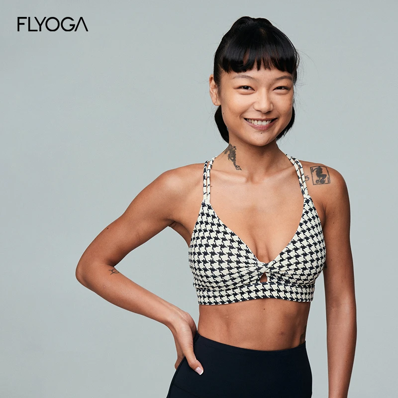 FLYOGA飞蓝瑜伽服11107黑白千鸟格抹胸BRA细肩带短背心格纹训练