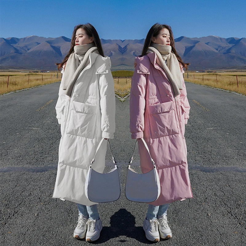 现货冬季白鸭绒长款粉色白色羽绒服女标绒