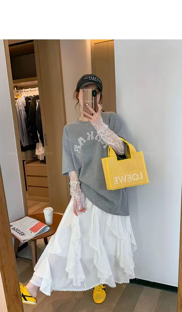 纯棉高品质设计假两件蕾丝拼接大码长袖字母刺绣T恤春夏防晒上衣