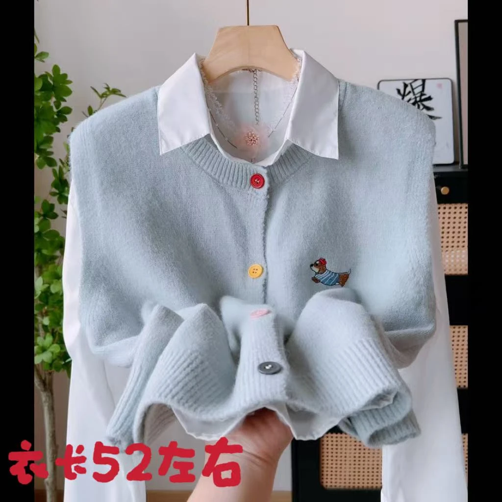 2729韩系文艺风卡通刺绣针织开衫背心女秋冬洋气叠穿彩色纽扣马甲