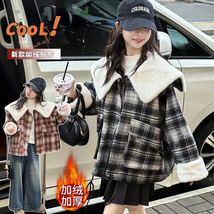 2025女童冬季格子可爱风翻领秋冬普通外套短款洋气加厚加绒小香风