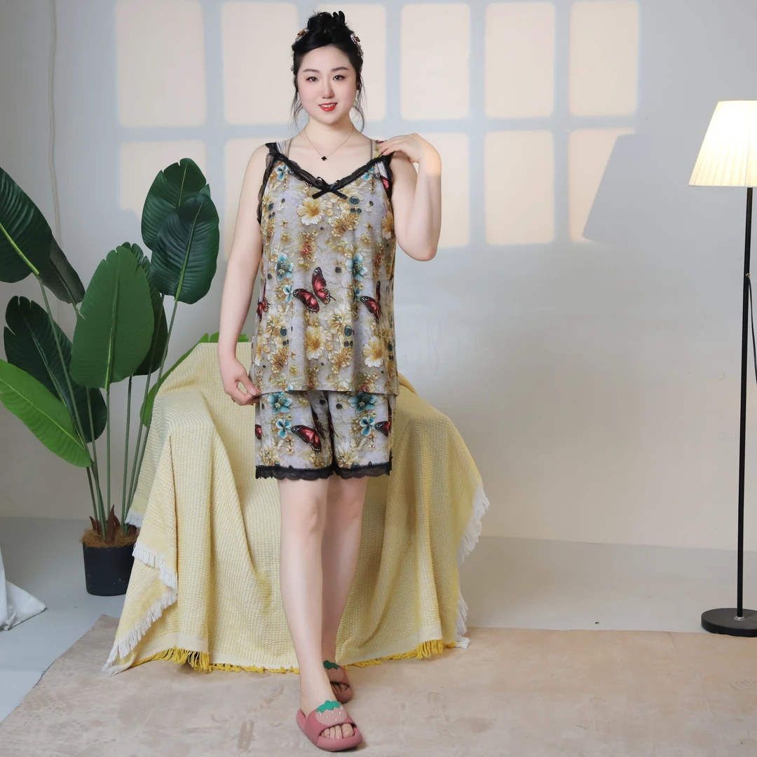 高弹大码吊带短裤睡衣女套装宽松遮肉显瘦性感时尚蕾丝薄款夏季