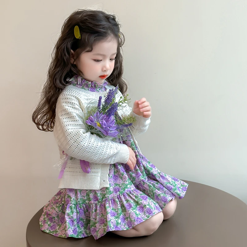 女童毛衣碎花裙春秋2025新款儿童长袖洋气公主时髦女宝套装连衣裙