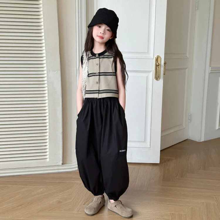 女童夏装短袖2025新款韩版女孩休闲条纹上衣宽松中大童工装裤套装