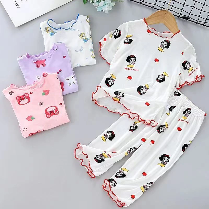 2025女童家居服短袖睡衣女孩甜美花边宝宝冰丝套装薄款空调服夏季