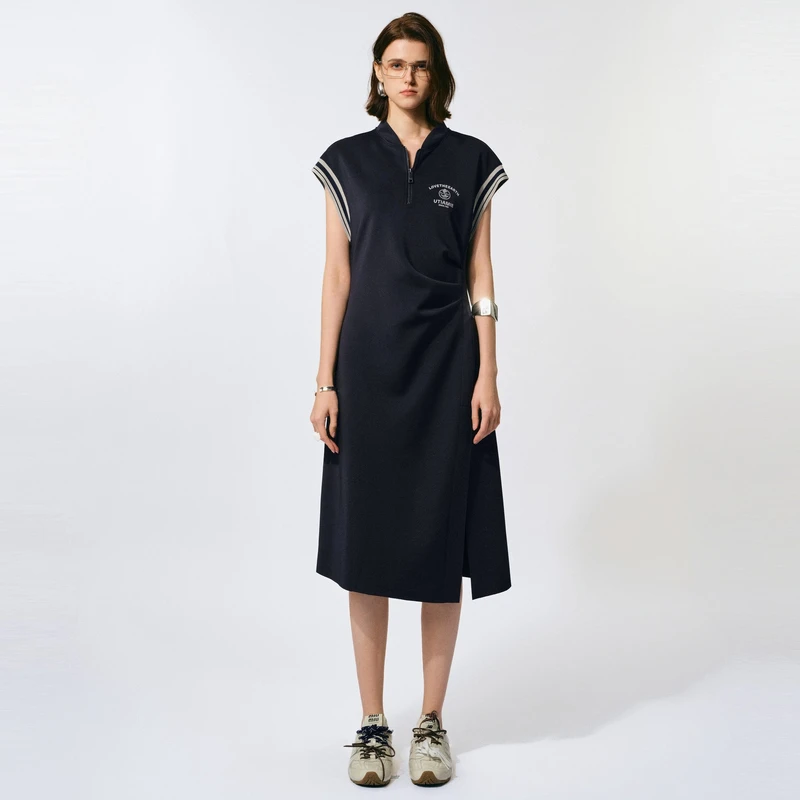 U/TI学院风无袖连衣裙女撞色捏褶收腰无袖背心裙