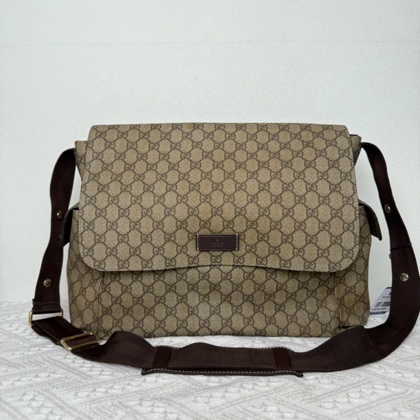 95新 GUCCI/古驰 4155/男士经典棕老花邮差包