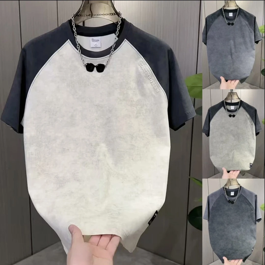 新款插肩袖男士潮流简约扎染设计感时尚圆领短袖T恤夏季宽松半袖