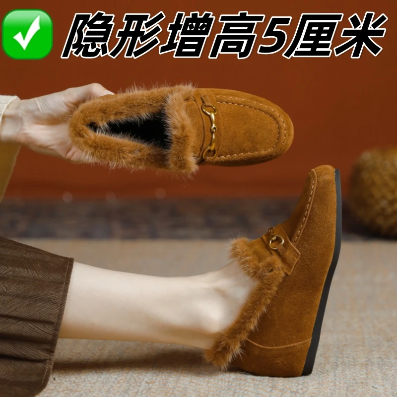 真皮牛皮小个子内增高毛毛鞋女冬季外穿复古软底舒适加绒保暖棉鞋