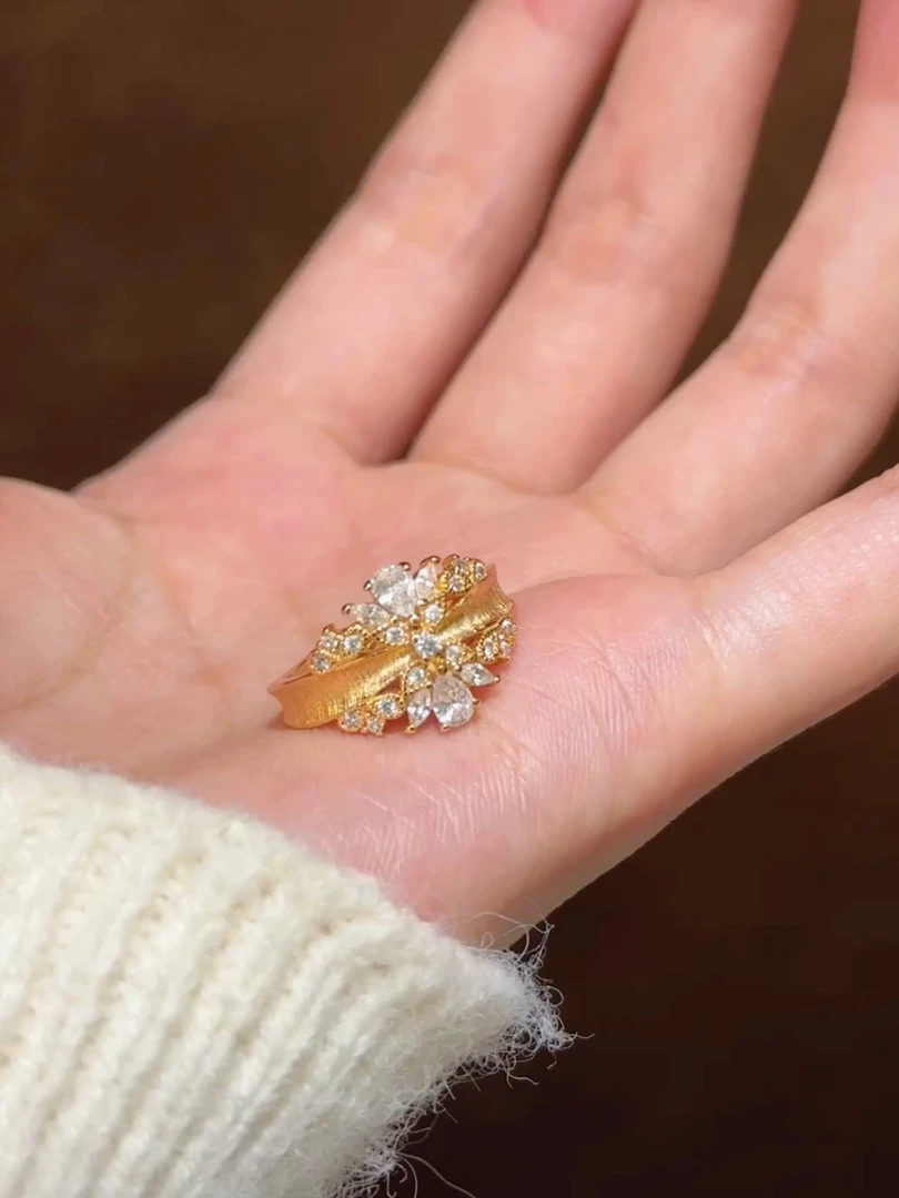 铜合金戒指 丝绒拉丝水滴星辰戒指  新中式法式轻奢丝绒拉丝戒指