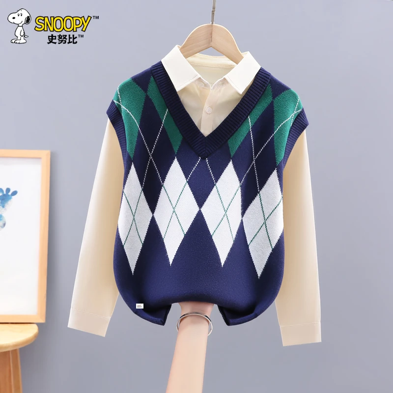Snoopy/史努比男童假两件毛衣儿童衬衣领针织衫中大童秋冬装洋气