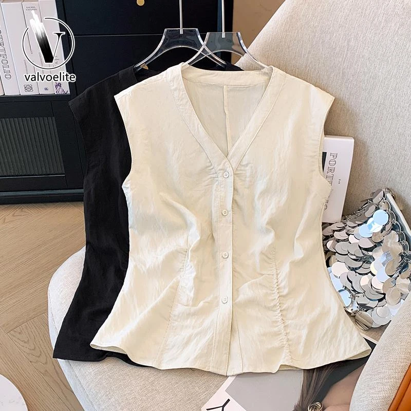 VALVOELITE高端大牌女装褶皱百搭设计感无袖背心夏季小众衬衫上衣
