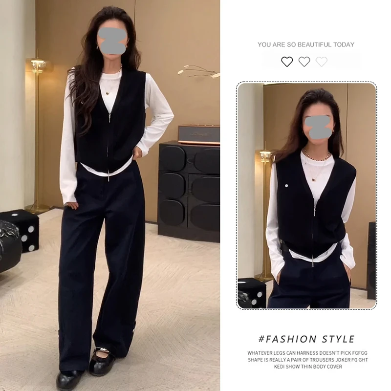 灰色V领双拉链无袖针织马甲女早秋季新款高级感叠穿内搭T恤两件套