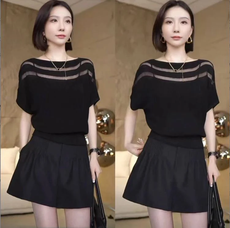 一字领镂空冰丝针织T恤女2025夏季新款时髦蝙蝠袖外穿上衣