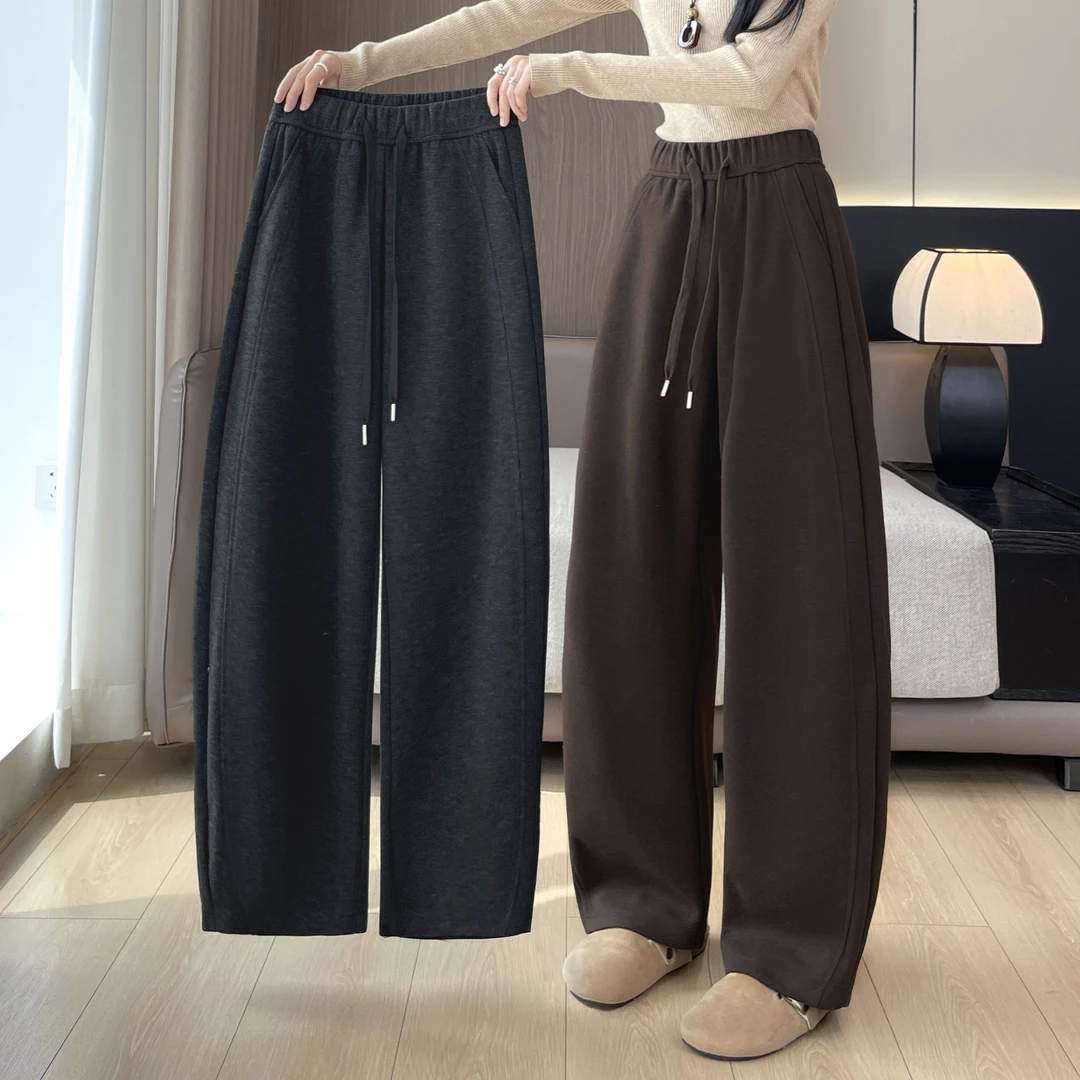窄版阔腿裤女秋冬加绒糯米香蕉弯刀镰刀裤子休闲直筒九分运动卫裤