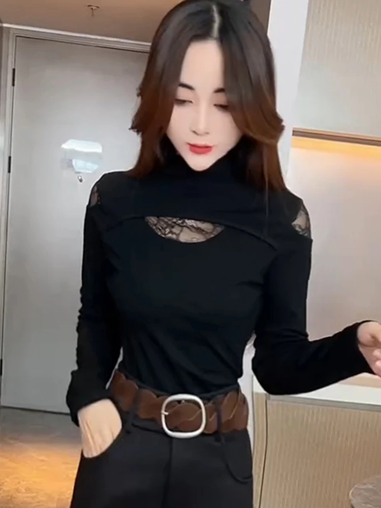 德绒上衣半高领蕾丝镂空长袖女巨好看基础款初秋季节黑色韩式t恤