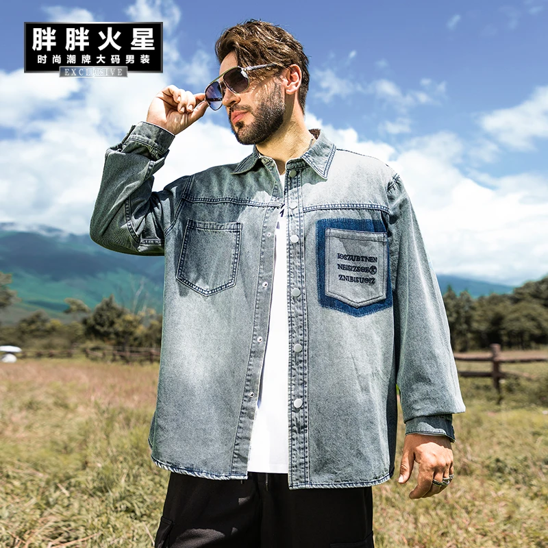 胖胖火星大码男装秋季复古痞帅牛仔外套男士水洗做旧休闲翻领夹克