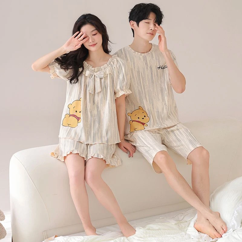 ins风高档夏季情侣睡衣卡通可爱纯棉短袖薄款宽松男女家居服套装