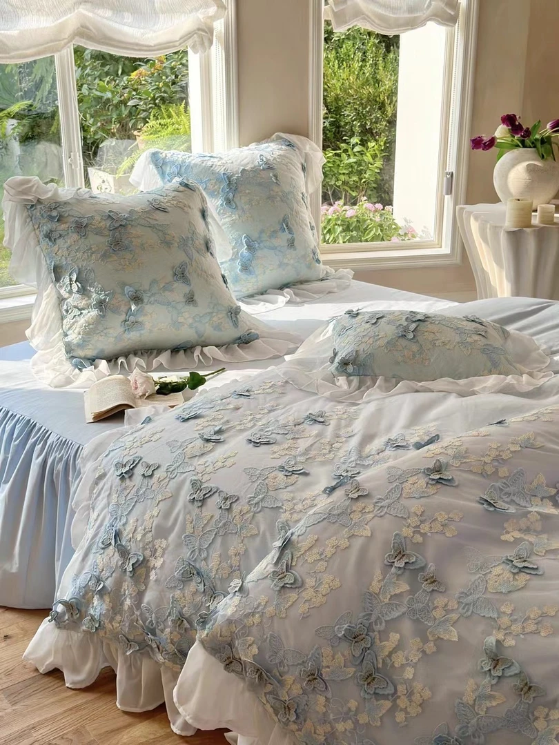 法式复古风水洗棉四件套纯棉全棉蝴蝶荷叶花边被套床裙款床上用品