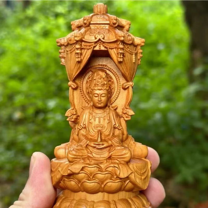 崖柏木雕西方三圣高12cm工艺品摆件创意根雕车摆饰品中式客厅摆件