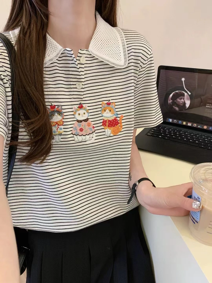 5552小猫重工刺绣镂空花边领翻领Polo衫条纹短袖T恤女百搭韩版T恤