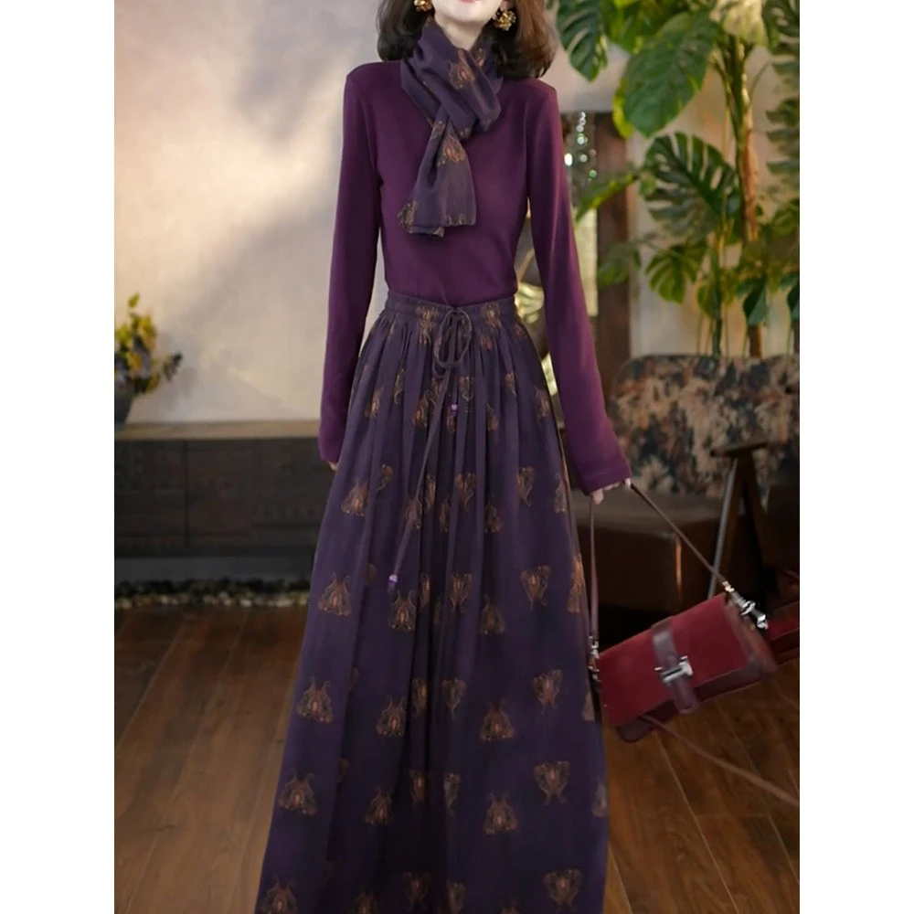 送围巾!减龄度假风裙套装女2025秋季新款纯色长袖打底衫+半身裙