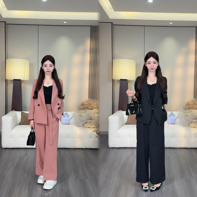 【桃墨轻忧】小个子定制时尚廓形轻奢西装套装阔腿裤两件套2504-2