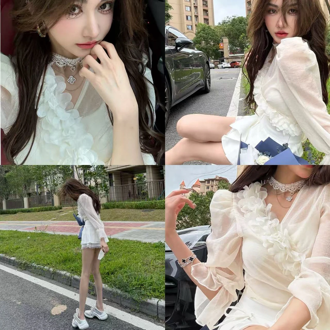 超仙透视雪纺衬衫纯欲法式v领小上衣