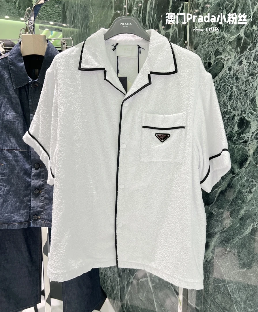 95新 Prada/普拉达 pp419 棉 白色三角标短袖衬衫 l码 微瑕