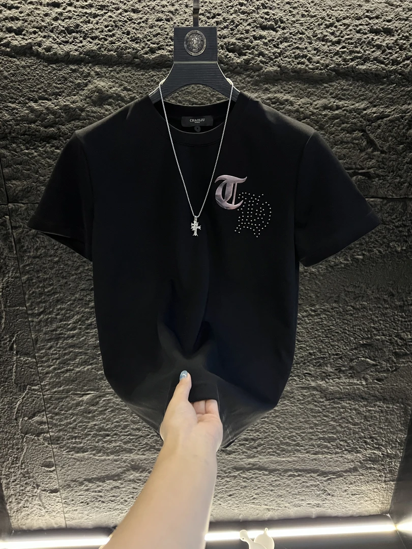 2025秋季新款爆款潮牌钉珠重工T恤轻奢高定潮流百搭男款圆领半袖